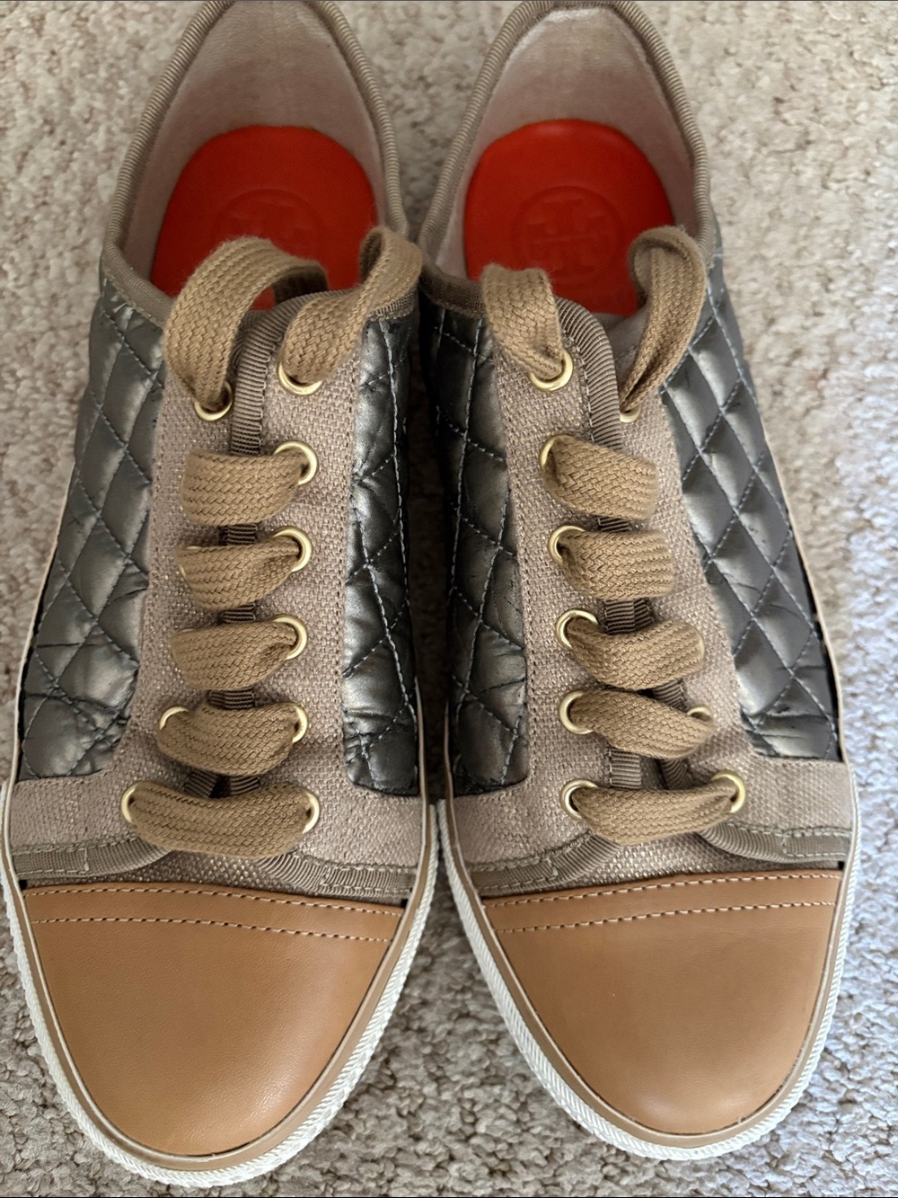 Tory Burch Quilted Metallic & Tan Lace-Up Sneakers women’s size 7.5